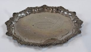 Edward VII silver presentation waiter, with shell and C-scroll wavy border, presented to Major Cecil