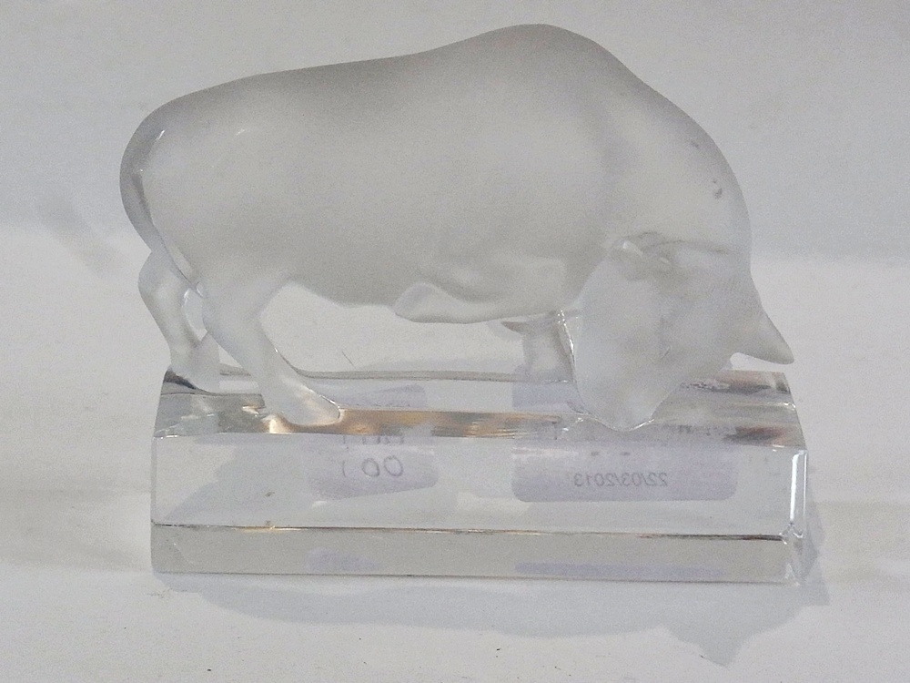 Lalique bull on stand, etched mark to base, approximately 8cm high