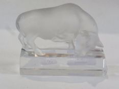 Lalique bull on stand, etched mark to base, approximately 8cm high