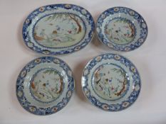 19th century Chinese porcelain meatplate and three matching dishes, all with underglaze blue brocade