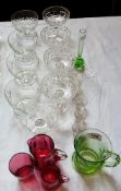 Silver Jubilee 1910-1935 green glass commemorative mug, cranberry glass small jugs and vase,