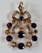 9ct gold, amethyst and seed pearl pendant, circular with small bow decoration