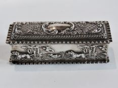 Edwardian silver rectangular miniature box, with repousse hunting decoration and hinged cover,