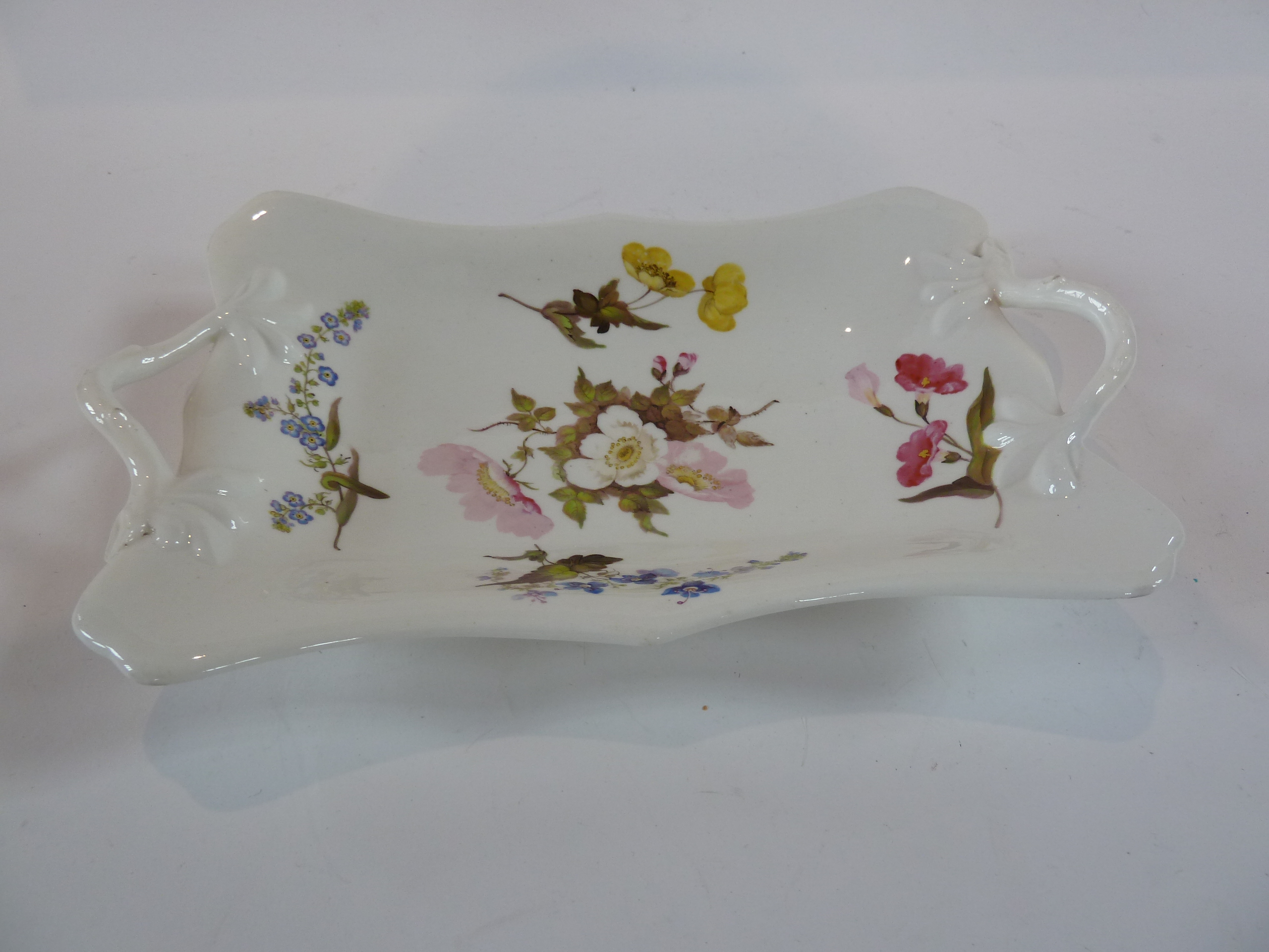 Possibly Welsh handpainted botanical two-handled serving plate