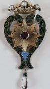 Scottish (?) silver, enamel, cultured pearl and red stone-set Luckenbooth brooch, in the form of