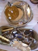 A large quantity of various silverplated items, including:- three salvers, various dishes,
