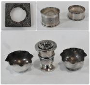 Pair Edwardian silver wavy edged open salts, together with a pepperette, Chester 1901