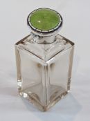 Square cut glass scent bottle, with green and silver enamelled top and collar, hallmarked Birmingham