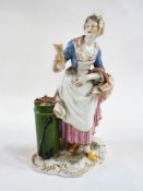 A Dresden porcelain figure of a sweet vendor, holding a basket by a wheel of fortune, height 23cm