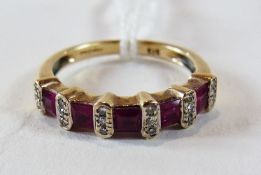Ruby and diamond five-stone ring, square cut