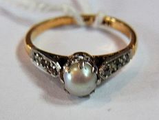 18ct gold, pearl and diamond ring, set single pearl with diamond set shoulders