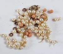 Single strand pearl necklace and pearl and coral loose beads