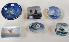 Two Royal Copenhagen small square dishes "Frederiksborg Slot" and "Langelinie", four small Bing &