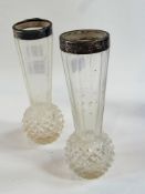 Pair clear glass silver rimmed vases, of tapering form to bulbous cut glass base, 17cm high (2)