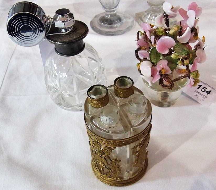 Cut glass scent bottle, together with another scent bottle  with allover gilt decoration with