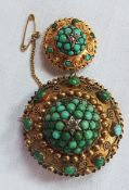 Victorian 15ct gold, turquoise and diamond brooch, circular with smaller circular dropper, having