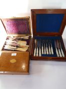 A cased set of mother-of-pearl fruit knives and forks, boxed and a cased set of fish knives and