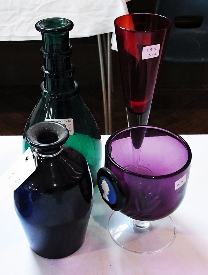 Georgian green glass decanter, 25cm high, Wedgwood silver jubilee hand cut amethyst goblet,