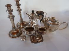 Quantity of assorted silverplated items including:- a coffee pot with matching cream jug and sugar
