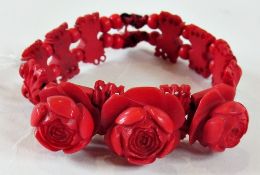 Carved and stained ivory red rose bracelet
