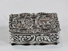 Small silver rectangular pill box, with cherub and scrollwork repousse decoration, Birmingham