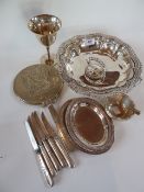 A Harrods silverplated serving dish with lid and handle, two various silverplated pin trays, knives,