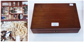 Quantity marcasite and other brooches and costume jewellery in mahogany jewel box with removable