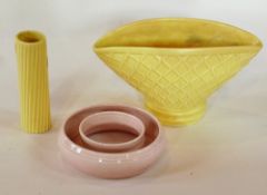 Yellow Sylvac vase, a yellow Sylvac tall posy vase and a pink circular Sylvac table centre vase (3)