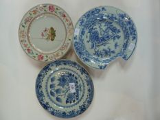 Two Chinese blue and white plates (af) and a Chinese enamelled plate in famille rose colours (af)