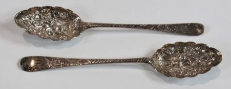 A pair Georgian embossed exotic bird tablespoons, with bright cut engraved handles, London 1804,