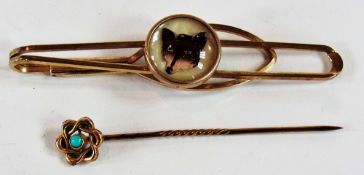 Gold and turquoise stickpin and fox decorated tie clip