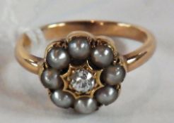 Half-pearl and diamond cluster ring