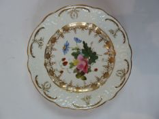 A Swansea botanical plate handpainted with strawberries, daisies etc within a gilt border