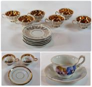 Two souvenir porcelain cups and saucers, the cups painted inside "Frederiksborg Slot", six small