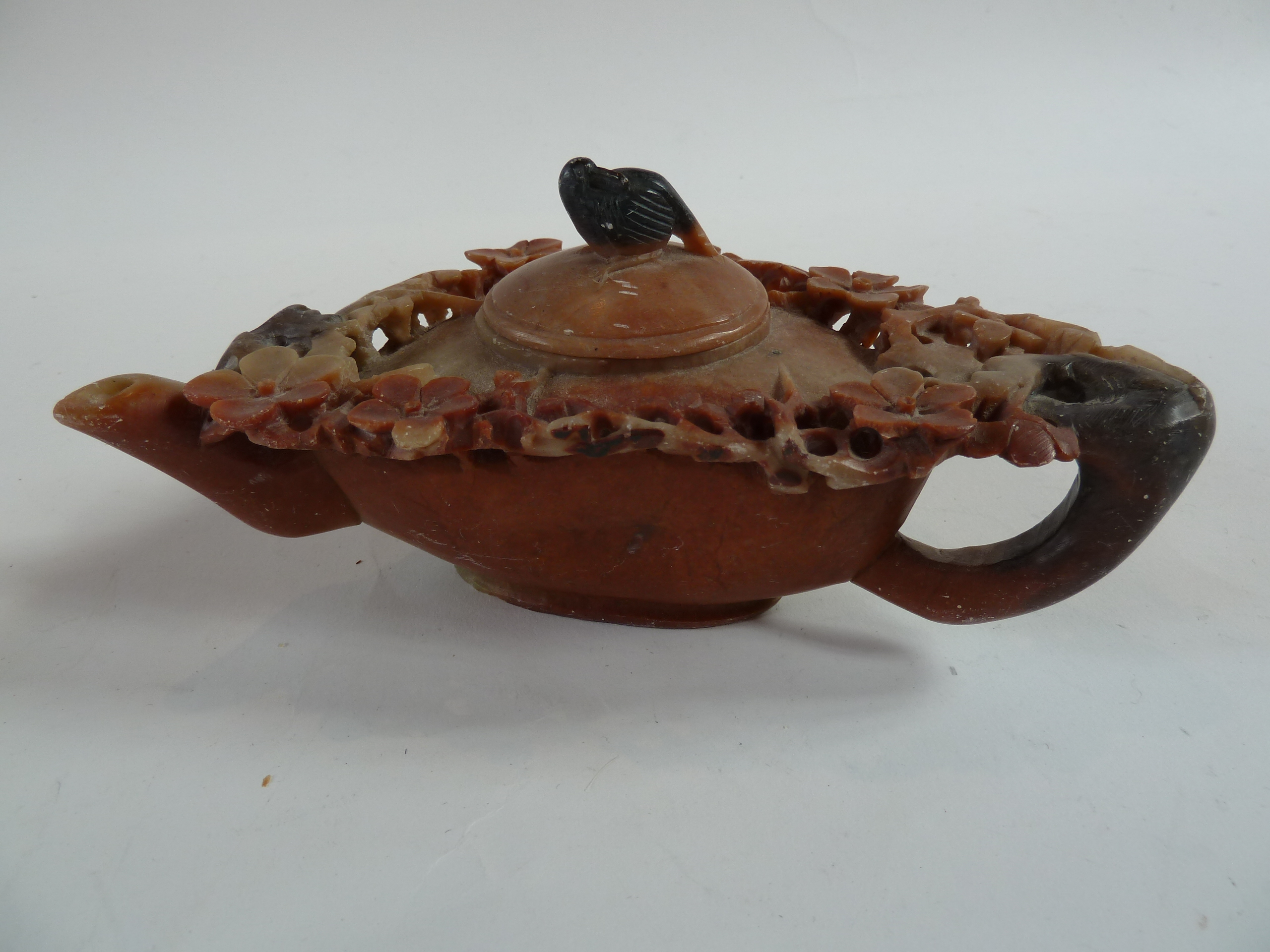 Chinese carved soapstone wine pot, triangular, flowering branch decorated