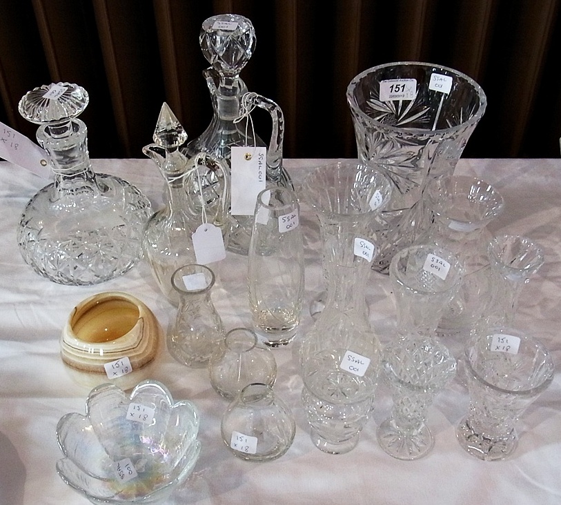 A cut glass vase, quantity smaller glass vases, decanters, trinket bowls etc (18)