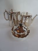 A Walker and Hall plated teapot with hot water jug and  a silverplated muffin dish