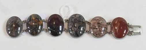 Scottish polished hardstone and white metal bracelet, set six oval polished stones, various