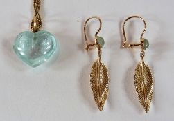 Aquamarine heart pendant on gold chain and pair gold leaf-shaped drop earrings (1 box)