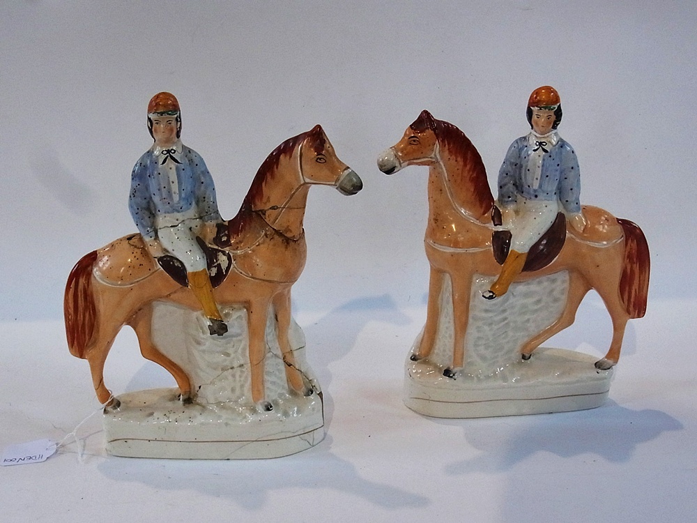 Pair 19th century Staffordshire flatbacks, jockey on horseback