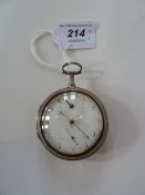 George III silver pair-cased pocket watch, with verge escapement, having white enamel dial with