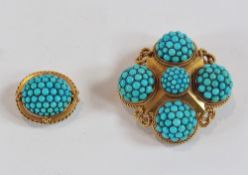 Victorian gold-coloured metal and turquoise set brooch of quatrefoil form, having five multiple