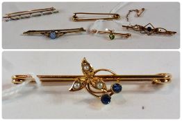 Seed pearl and blue stone bar brooch, and five other bar brooches, (2 boxes) (6)