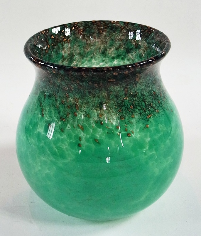 20th century glass vase, circular, green glass, decorated with gold and purple