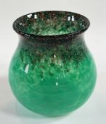 20th century glass vase, circular, green glass, decorated with gold and purple