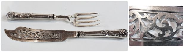 Pair Victorian silver fish servers, Kings pattern, having pierced blade and tines, London 1852,