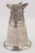 A .925 foreign silver stirrup cup, with flared border, foxhunt engraving, with fox head handle,