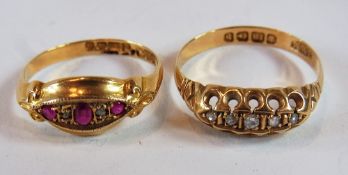 18ct gold five-stone diamond ring, in pierced setting, and another 18ct gold ruby and diamond