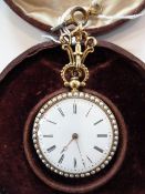 Nineteenth century Swiss seed pearl and enamel pocket watch by Stauffer, Geneva, cased, having white