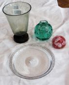 Green glass vase, globular vase, plate and paperweight (4)